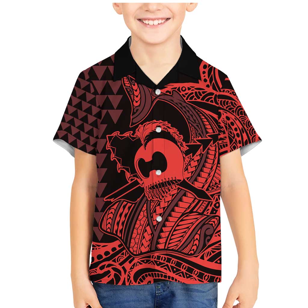 Koa Ikaika Warrior Helmet with Shark Family Matching Mermaid Dress and Hawaiian Shirt Red Kakau Style LT9 Son's Shirt Red - Polynesian Pride