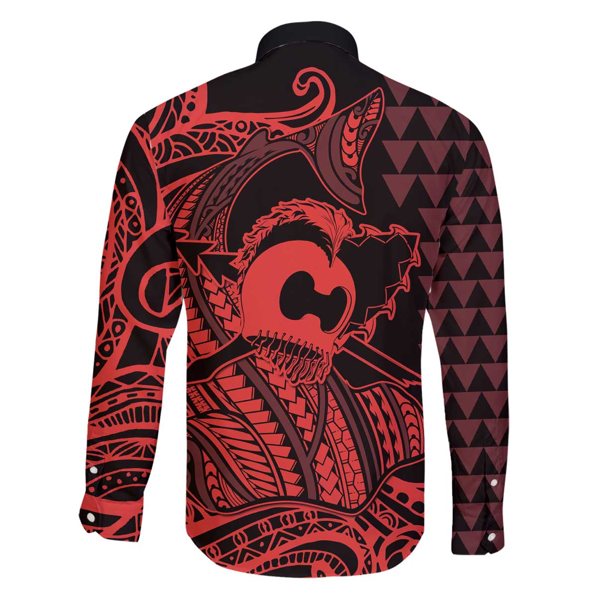 Koa Ikaika Warrior Helmet with Shark Family Matching Off The Shoulder Long Sleeve Dress and Hawaiian Shirt Red Kakau Style LT9 - Polynesian Pride