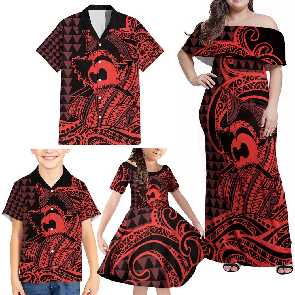 Koa Ikaika Warrior Helmet with Shark Family Matching Off Shoulder Maxi Dress and Hawaiian Shirt Red Kakau Style LT9 - Polynesian Pride