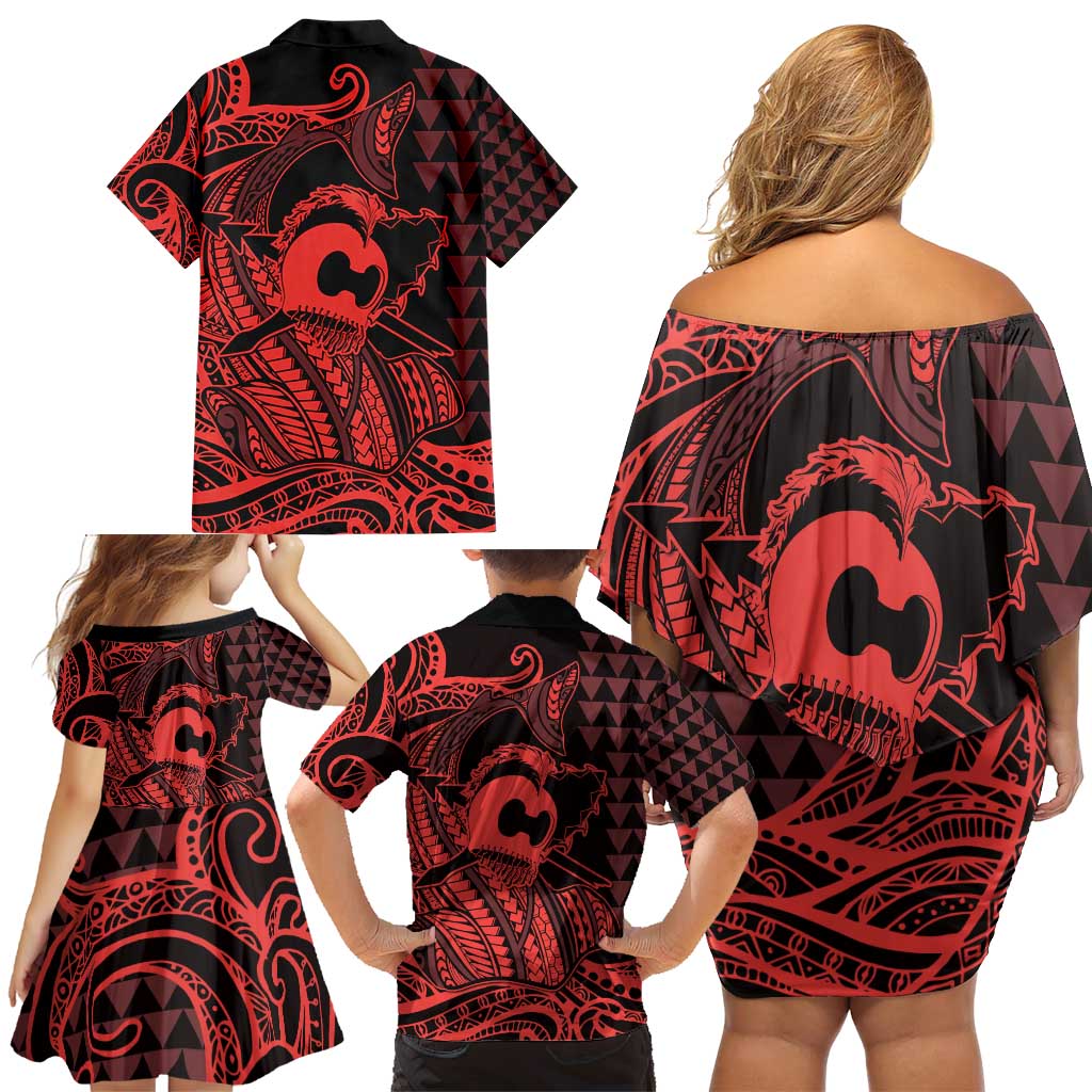 Koa Ikaika Warrior Helmet with Shark Family Matching Off Shoulder Short Dress and Hawaiian Shirt Red Kakau Style LT9 - Polynesian Pride