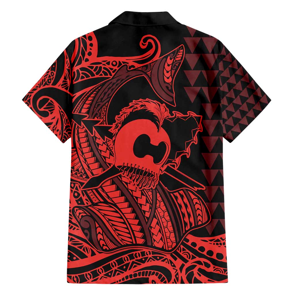 Koa Ikaika Warrior Helmet with Shark Family Matching Off Shoulder Short Dress and Hawaiian Shirt Red Kakau Style LT9 - Polynesian Pride