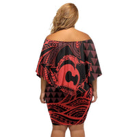 Koa Ikaika Warrior Helmet with Shark Family Matching Off Shoulder Short Dress and Hawaiian Shirt Red Kakau Style LT9 - Polynesian Pride