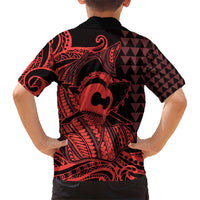 Koa Ikaika Warrior Helmet with Shark Family Matching Short Sleeve Bodycon Dress and Hawaiian Shirt Red Kakau Style LT9 - Polynesian Pride
