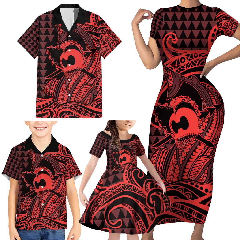 Koa Ikaika Warrior Helmet with Shark Family Matching Short Sleeve Bodycon Dress and Hawaiian Shirt Red Kakau Style LT9 - Polynesian Pride