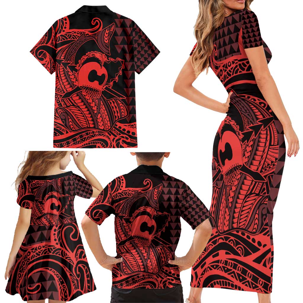 Koa Ikaika Warrior Helmet with Shark Family Matching Short Sleeve Bodycon Dress and Hawaiian Shirt Red Kakau Style LT9 - Polynesian Pride