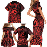 Koa Ikaika Warrior Helmet with Shark Family Matching Short Sleeve Bodycon Dress and Hawaiian Shirt Red Kakau Style LT9 - Polynesian Pride