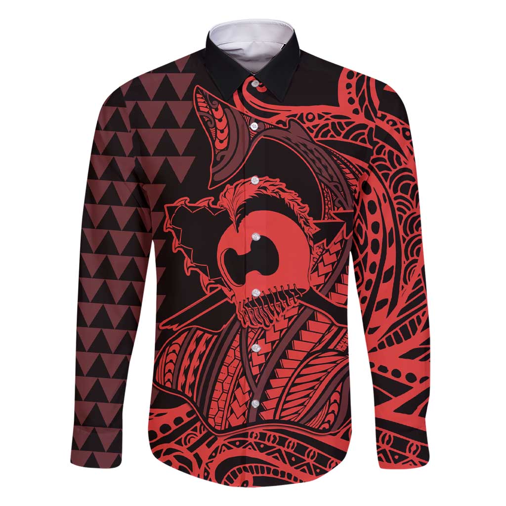 Koa Ikaika Warrior Helmet with Shark Family Matching Short Sleeve Bodycon Dress and Hawaiian Shirt Red Kakau Style LT9 Dad's Shirt - Long Sleeve Red - Polynesian Pride