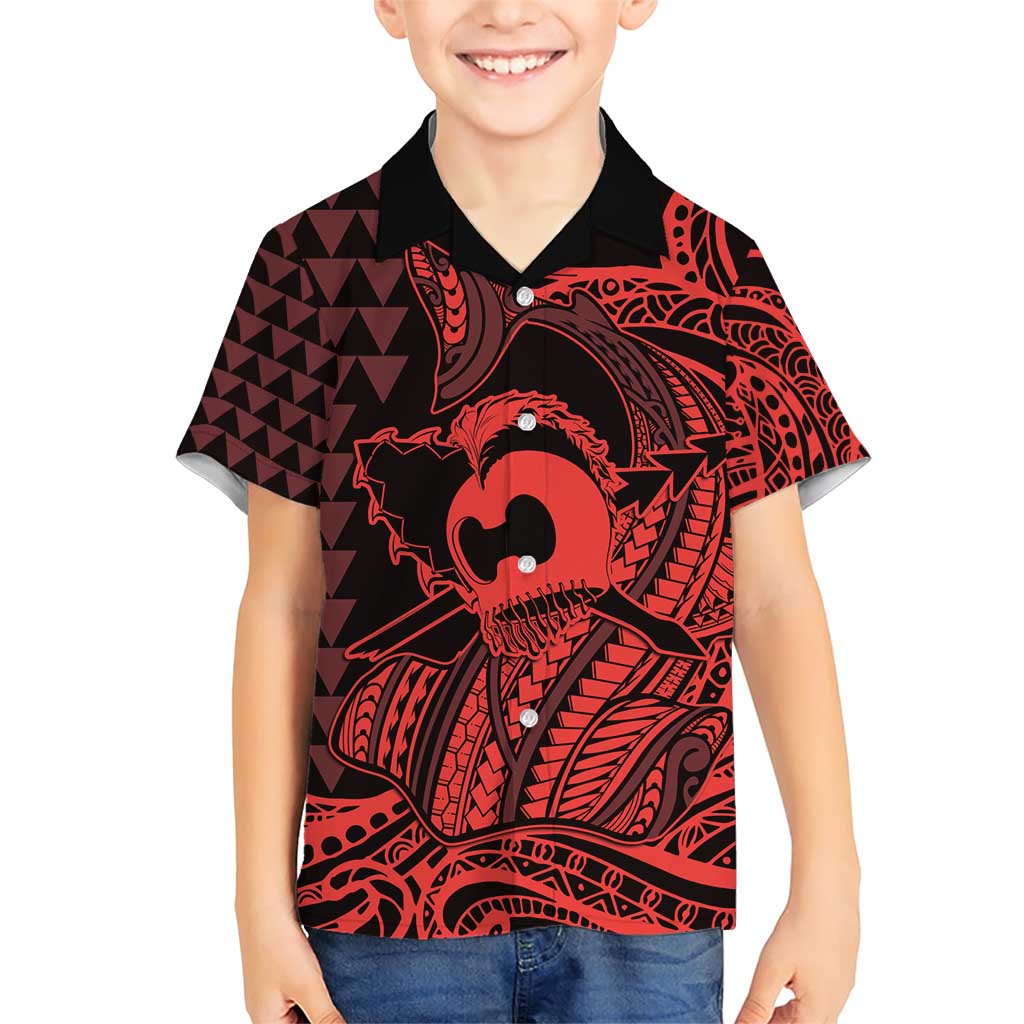 Koa Ikaika Warrior Helmet with Shark Family Matching Short Sleeve Bodycon Dress and Hawaiian Shirt Red Kakau Style LT9 Son's Shirt Red - Polynesian Pride