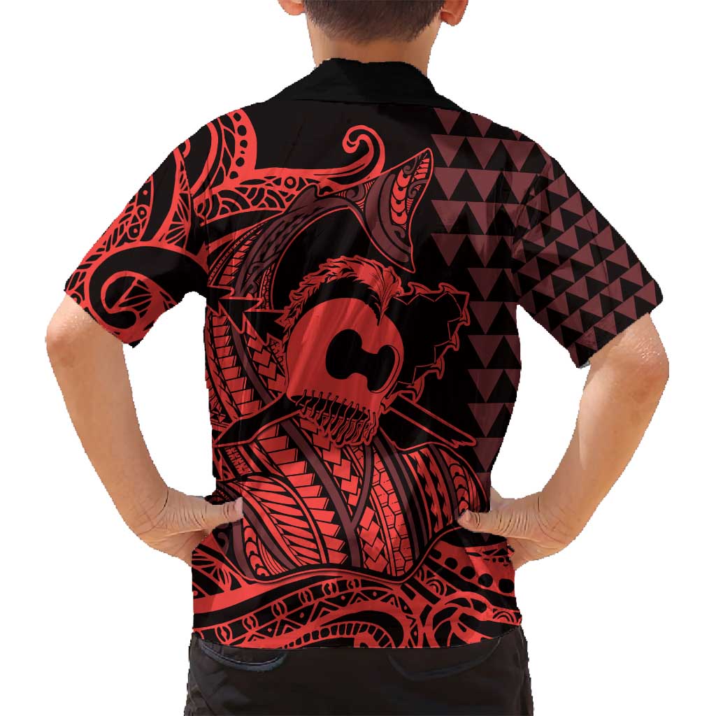Koa Ikaika Warrior Helmet with Shark Family Matching Tank Maxi Dress and Hawaiian Shirt Red Kakau Style LT9 - Polynesian Pride