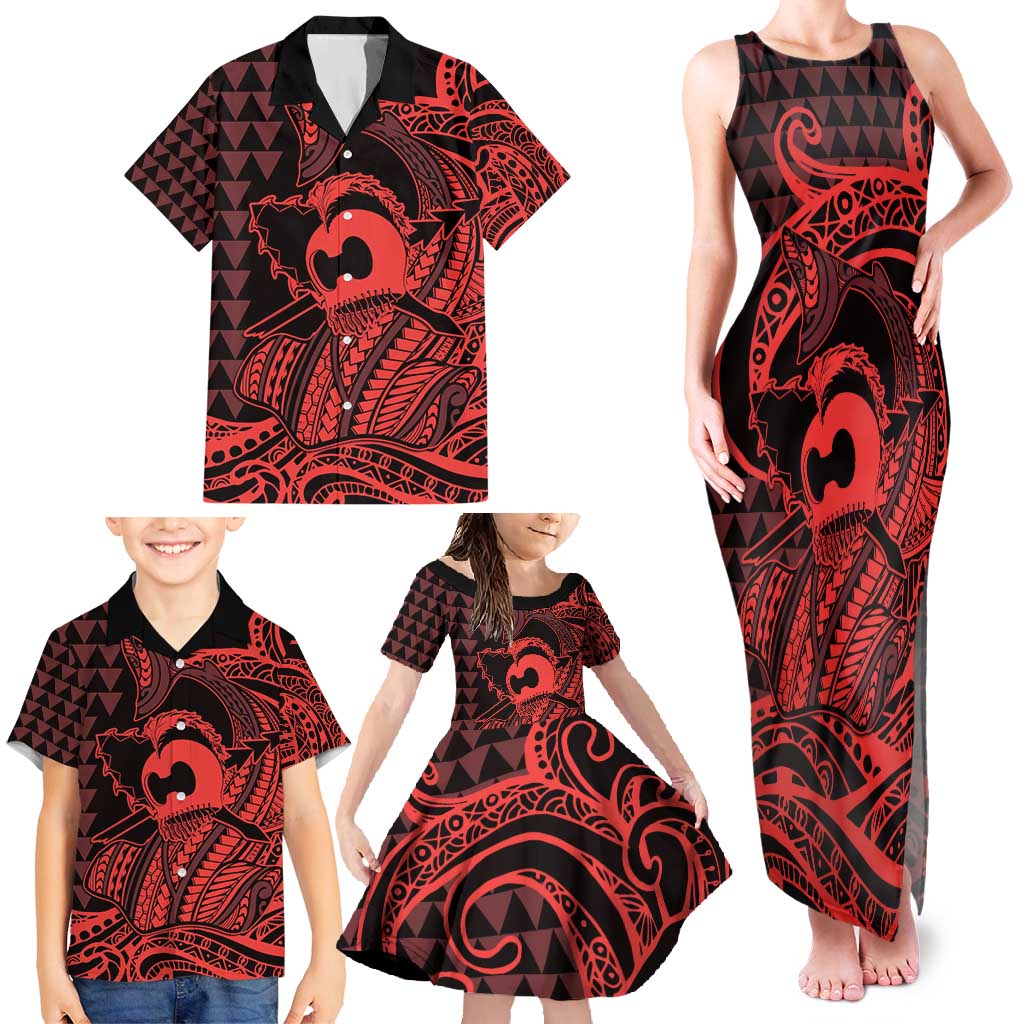 Koa Ikaika Warrior Helmet with Shark Family Matching Tank Maxi Dress and Hawaiian Shirt Red Kakau Style LT9 - Polynesian Pride