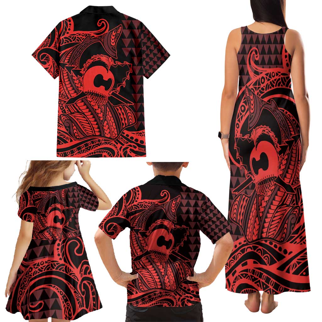 Koa Ikaika Warrior Helmet with Shark Family Matching Tank Maxi Dress and Hawaiian Shirt Red Kakau Style LT9 - Polynesian Pride