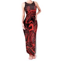 Koa Ikaika Warrior Helmet with Shark Family Matching Tank Maxi Dress and Hawaiian Shirt Red Kakau Style LT9 Mom's Dress Red - Polynesian Pride