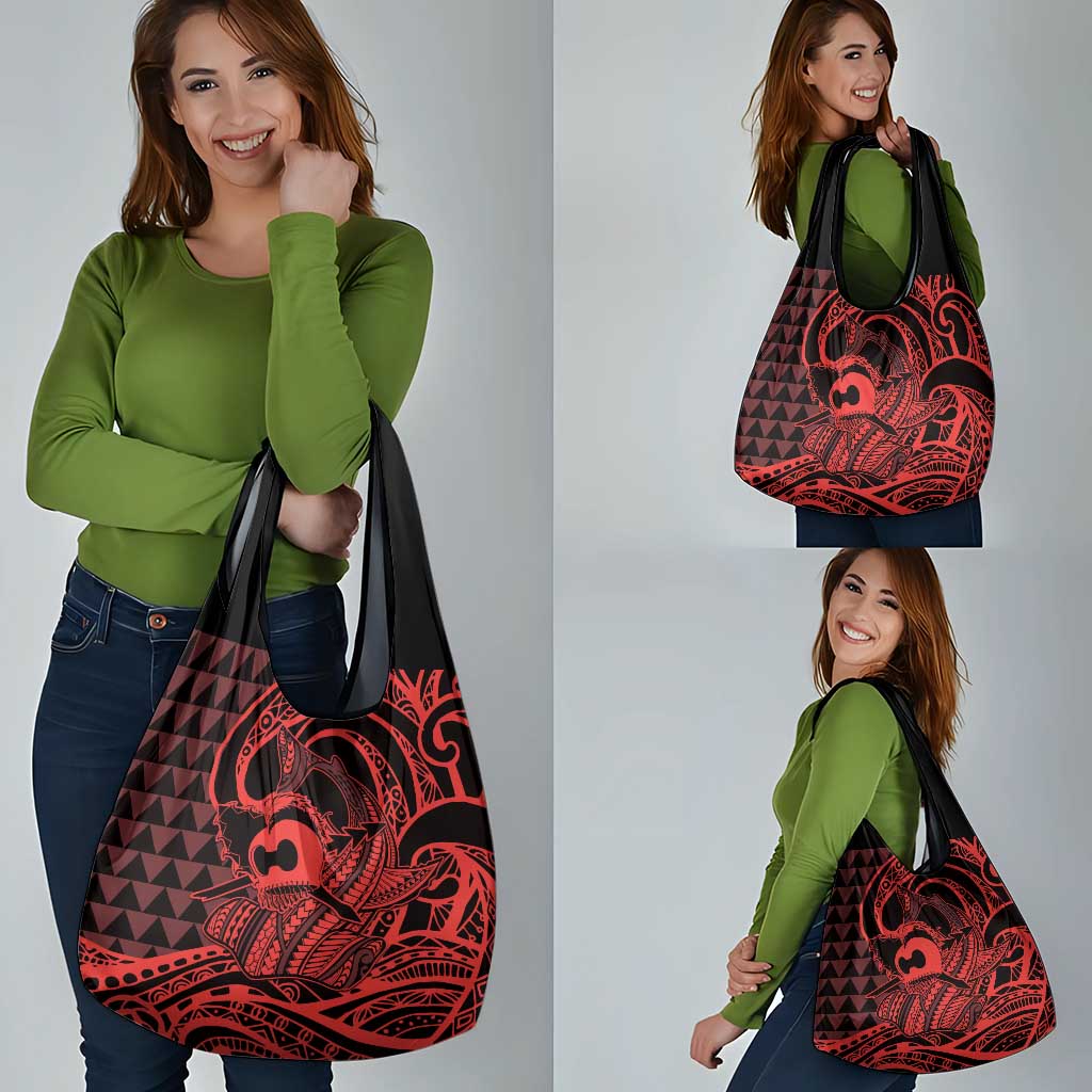 Koa Ikaika Warrior Helmet with Shark Grocery Bag Red Kakau Style