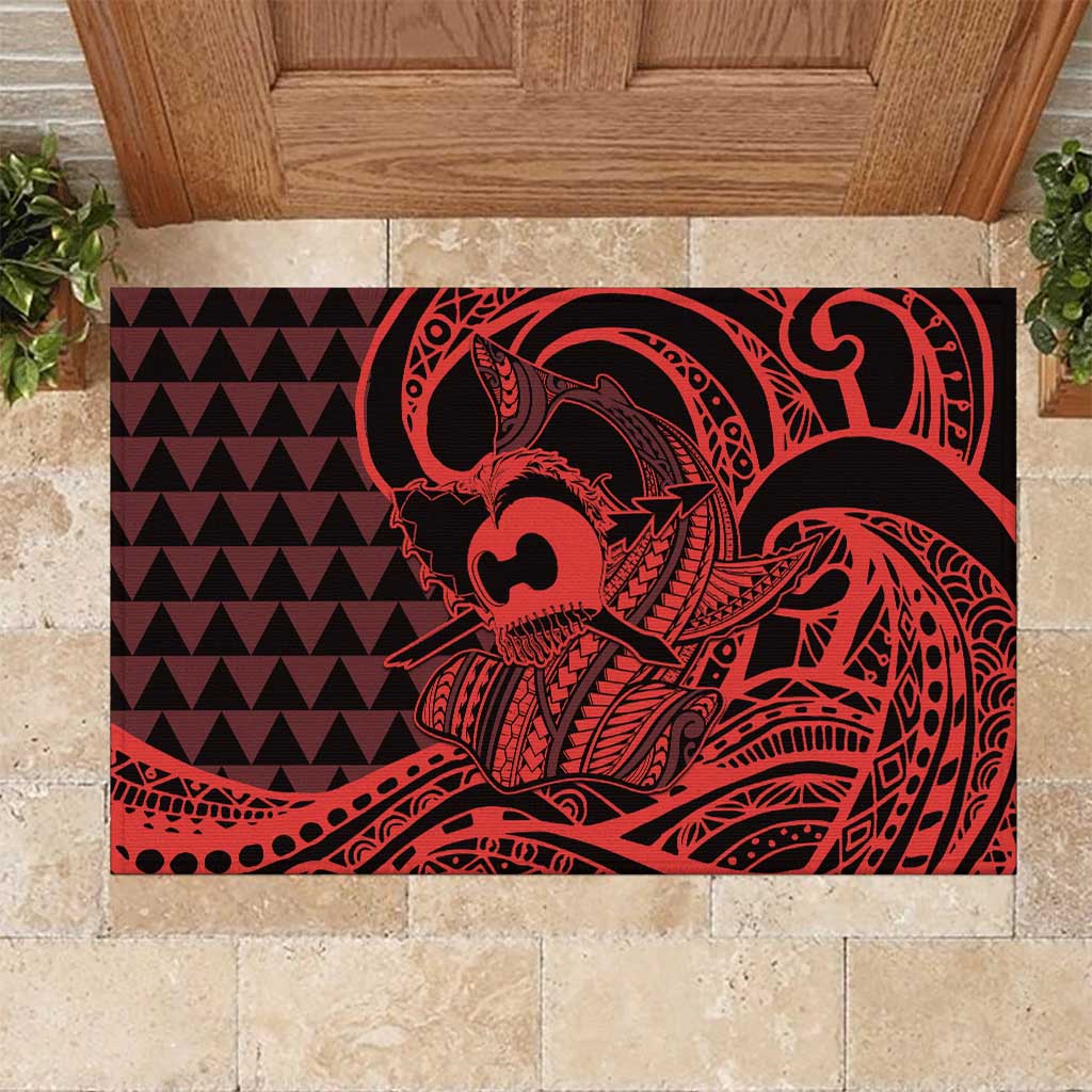 Koa Ikaika Warrior Helmet with Shark Rubber Doormat Red Kakau Style LT9 Red - Polynesian Pride