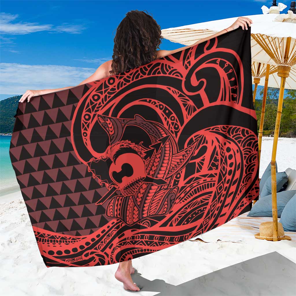 Koa Ikaika Warrior Helmet with Shark Sarong Red Kakau Style LT9 One Size 44 x 66 inches Red - Polynesian Pride