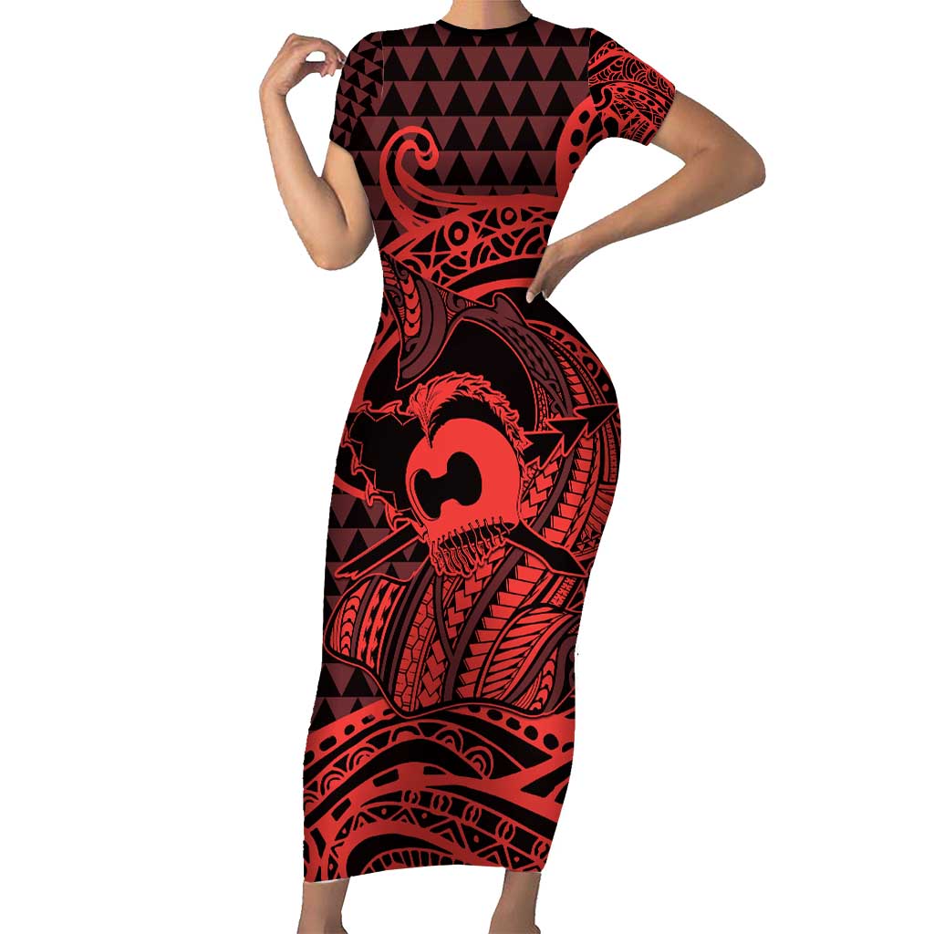 Koa Ikaika Warrior Helmet with Shark Short Sleeve Bodycon Dress Red Kakau Style LT9 Long Dress Red - Polynesian Pride