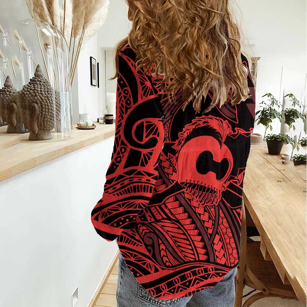 Koa Ikaika Warrior Helmet with Shark Women Casual Shirt Red Kakau Style