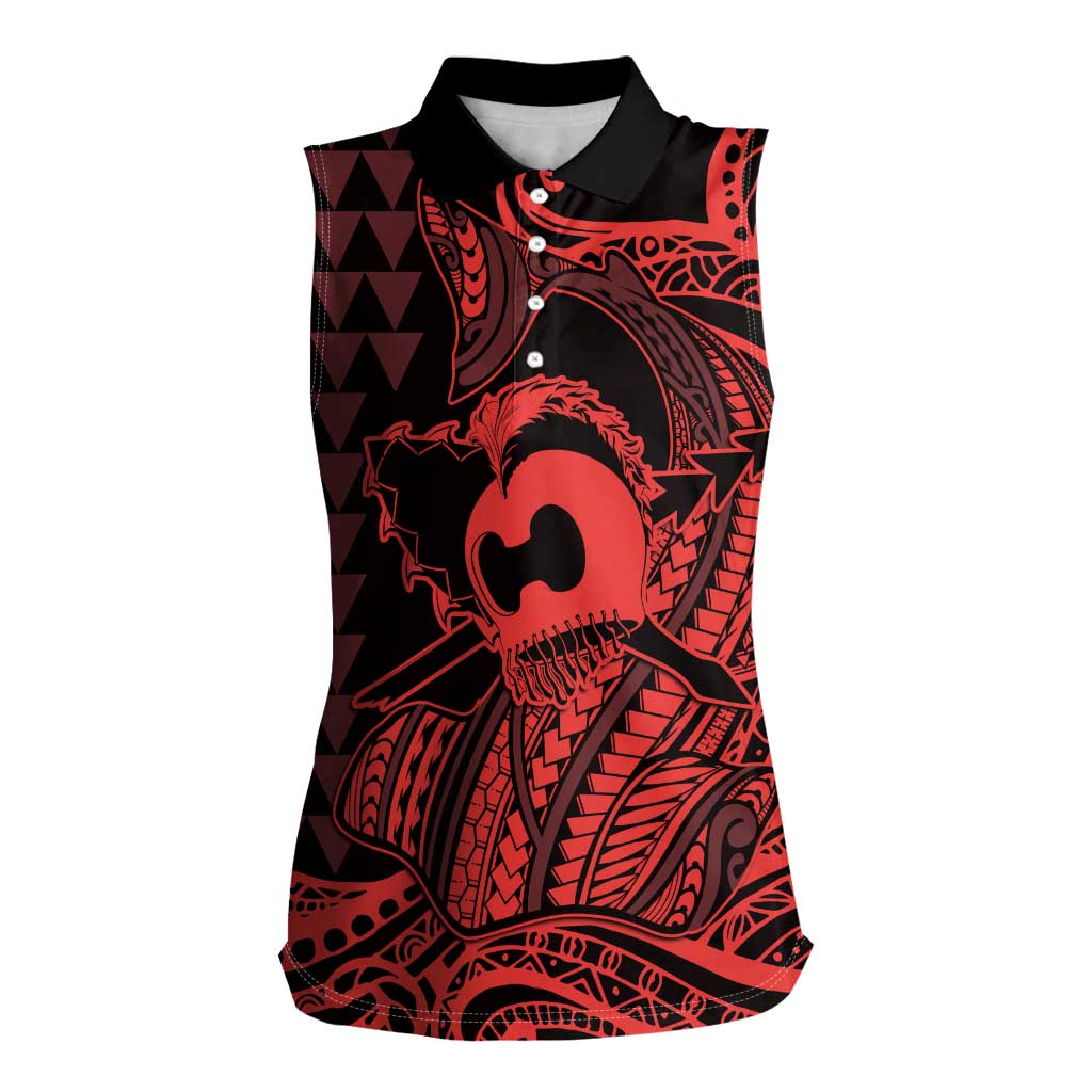 Koa Ikaika Warrior Helmet with Shark Women Sleeveless Polo Shirt Red Kakau Style
