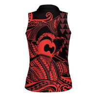 Koa Ikaika Warrior Helmet with Shark Women Sleeveless Polo Shirt Red Kakau Style