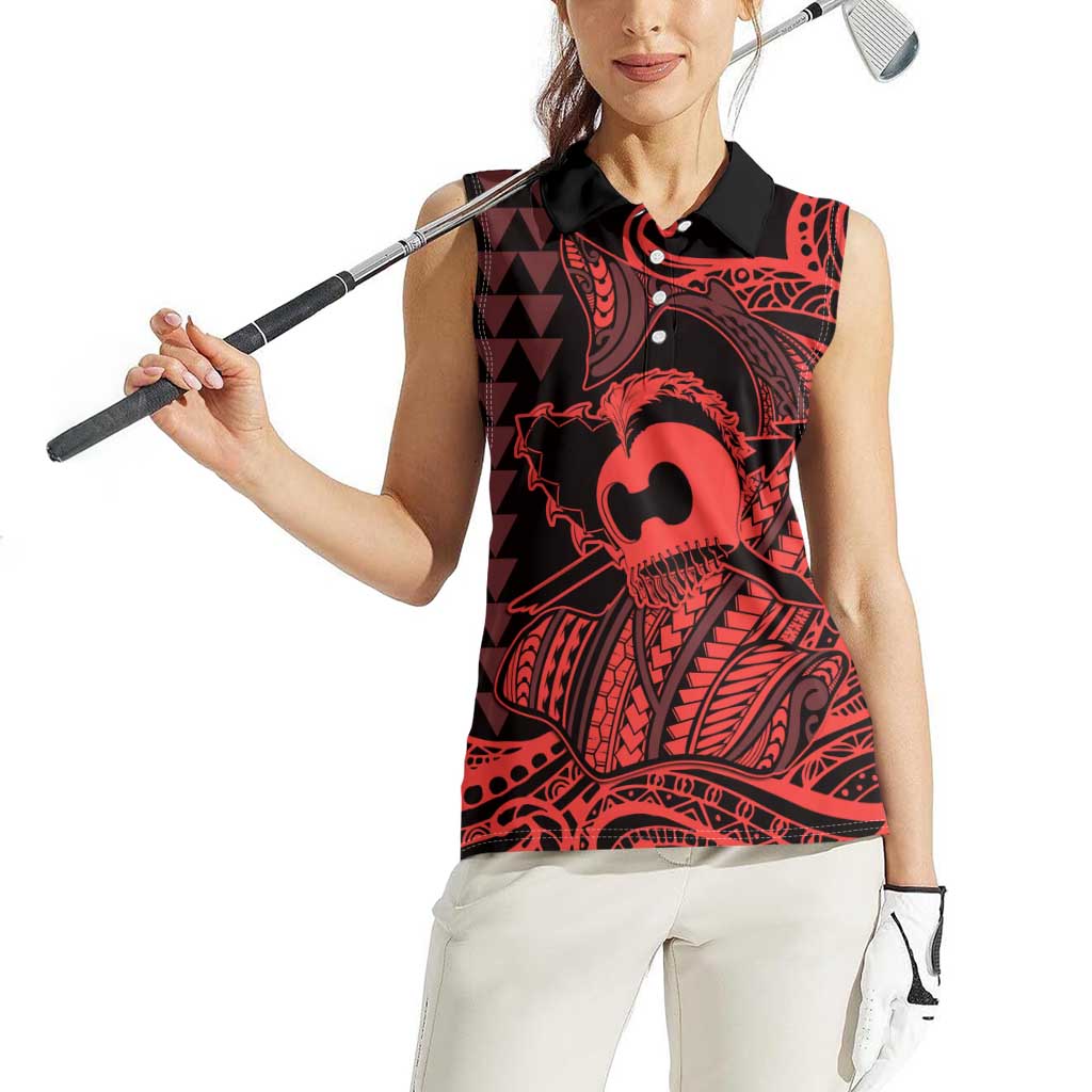 Koa Ikaika Warrior Helmet with Shark Women Sleeveless Polo Shirt Red Kakau Style