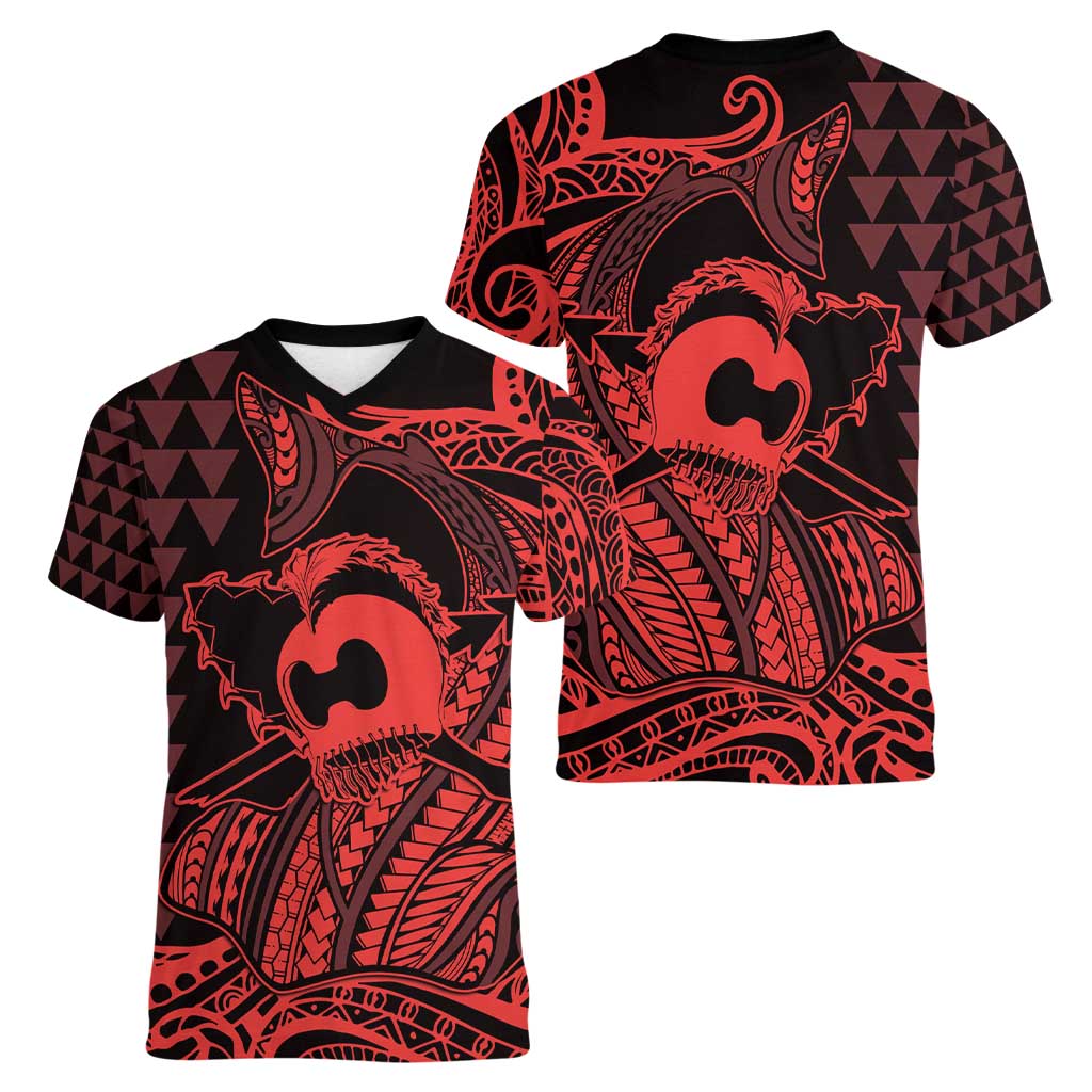 Koa Ikaika Warrior Helmet with Shark Women V-Neck T-Shirt Red Kakau Style