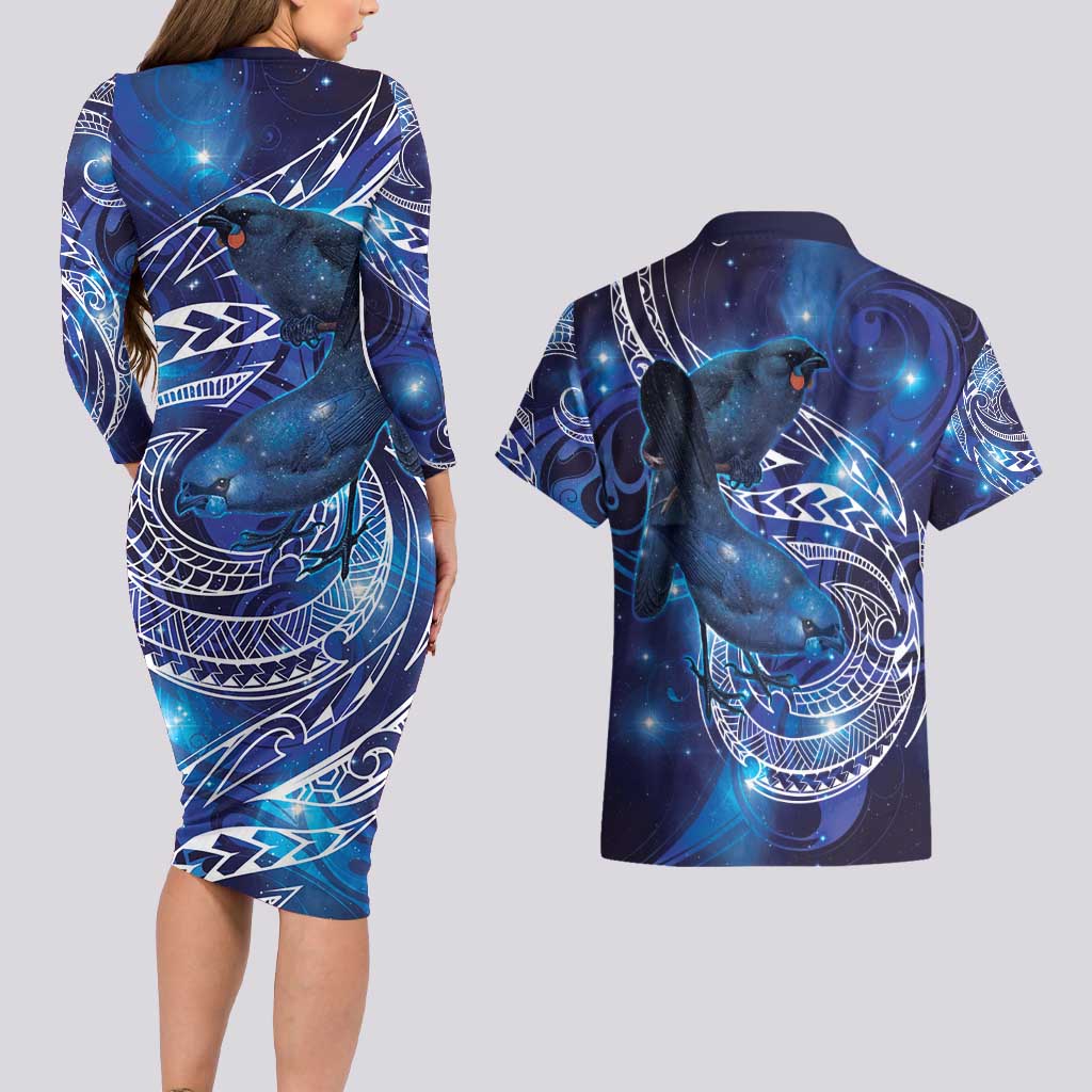 North Island Kokako and South Island Kokako Couples Matching Long Sleeve Bodycon Dress and Hawaiian Shirt New Zealand Native Bird with Galaxy Vibe LT9 - Polynesian Pride