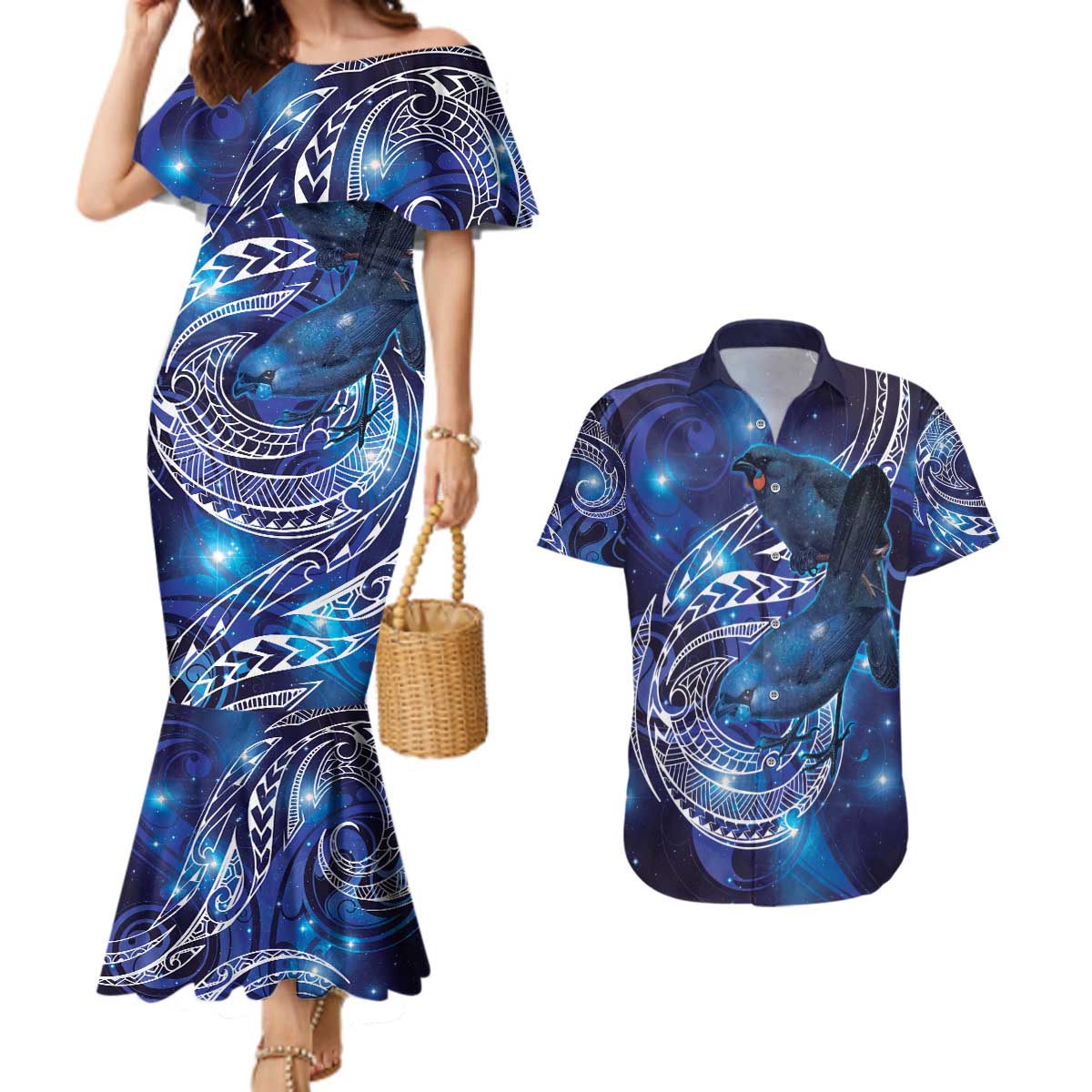 North Island Kokako and South Island Kokako Couples Matching Mermaid Dress and Hawaiian Shirt New Zealand Native Bird with Galaxy Vibe LT9 Galaxy - Polynesian Pride