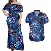 North Island Kokako and South Island Kokako Couples Matching Off Shoulder Maxi Dress and Hawaiian Shirt New Zealand Native Bird with Galaxy Vibe LT9 Galaxy - Polynesian Pride
