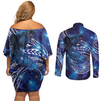 North Island Kokako and South Island Kokako Couples Matching Off Shoulder Short Dress and Long Sleeve Button Shirt New Zealand Native Bird with Galaxy Vibe