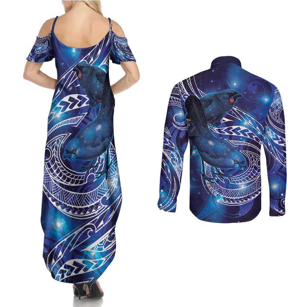 North Island Kokako and South Island Kokako Couples Matching Summer Maxi Dress and Long Sleeve Button Shirt New Zealand Native Bird with Galaxy Vibe