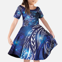 North Island Kokako and South Island Kokako Family Matching Long Sleeve Bodycon Dress and Hawaiian Shirt New Zealand Native Bird with Galaxy Vibe LT9 Daughter's Dress Galaxy - Polynesian Pride