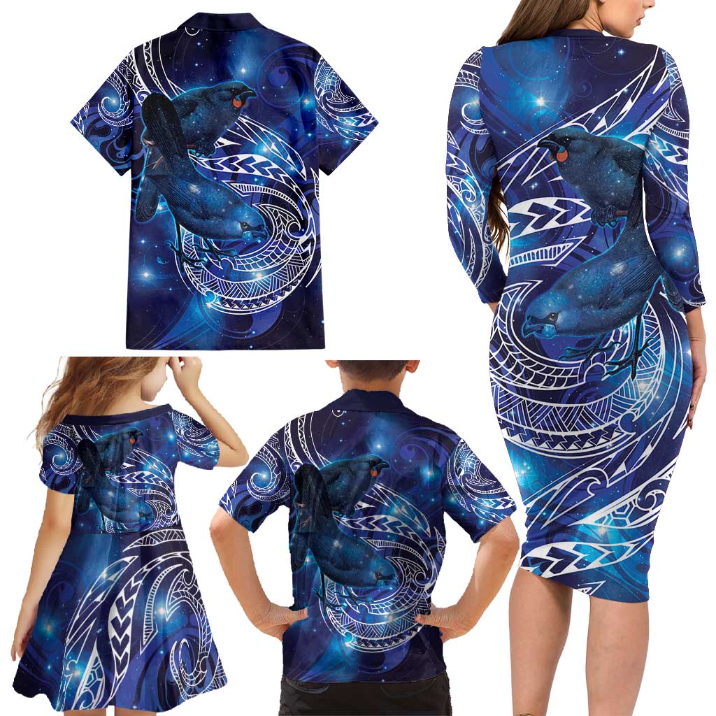 North Island Kokako and South Island Kokako Family Matching Long Sleeve Bodycon Dress and Hawaiian Shirt New Zealand Native Bird with Galaxy Vibe LT9 - Polynesian Pride
