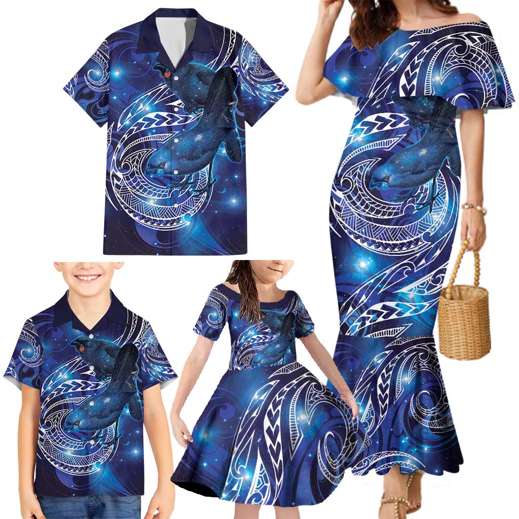 North Island Kokako and South Island Kokako Family Matching Mermaid Dress and Hawaiian Shirt New Zealand Native Bird with Galaxy Vibe LT9 - Polynesian Pride
