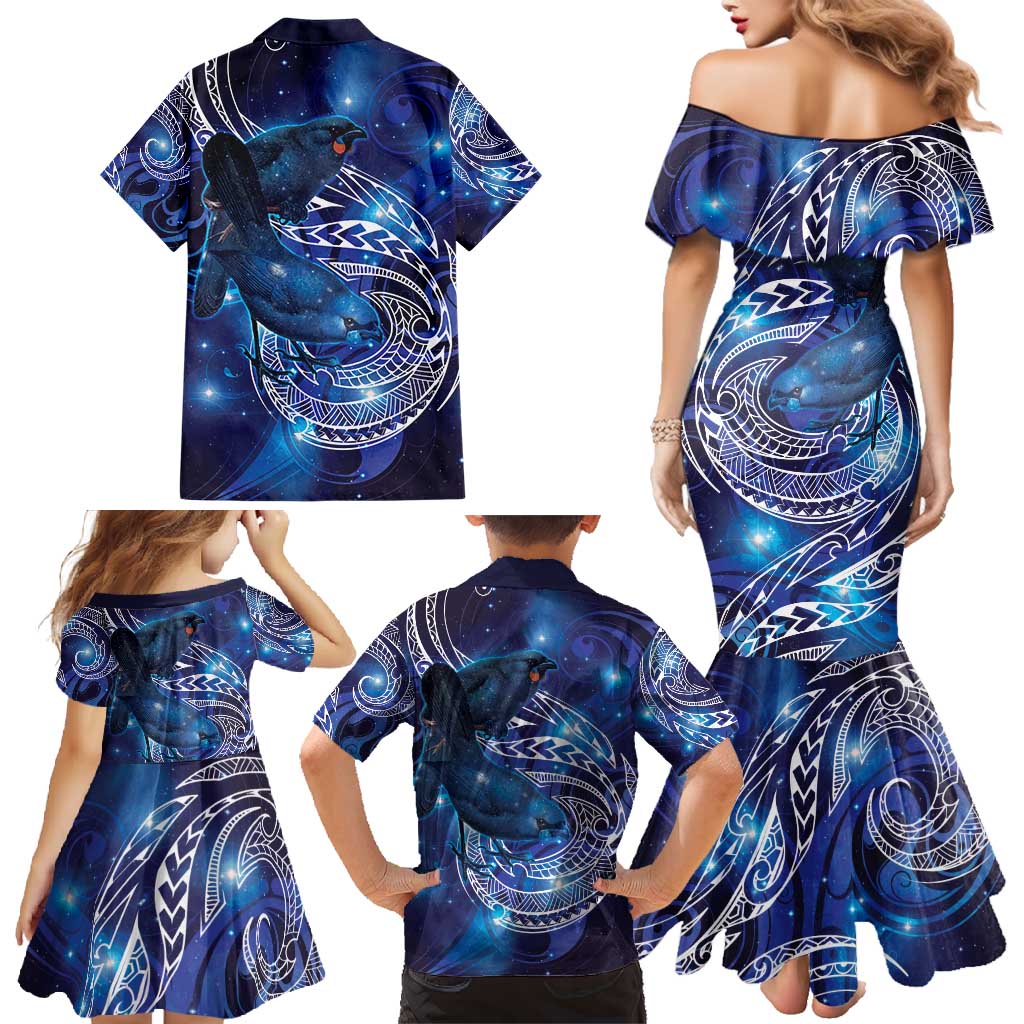 North Island Kokako and South Island Kokako Family Matching Mermaid Dress and Hawaiian Shirt New Zealand Native Bird with Galaxy Vibe LT9 - Polynesian Pride