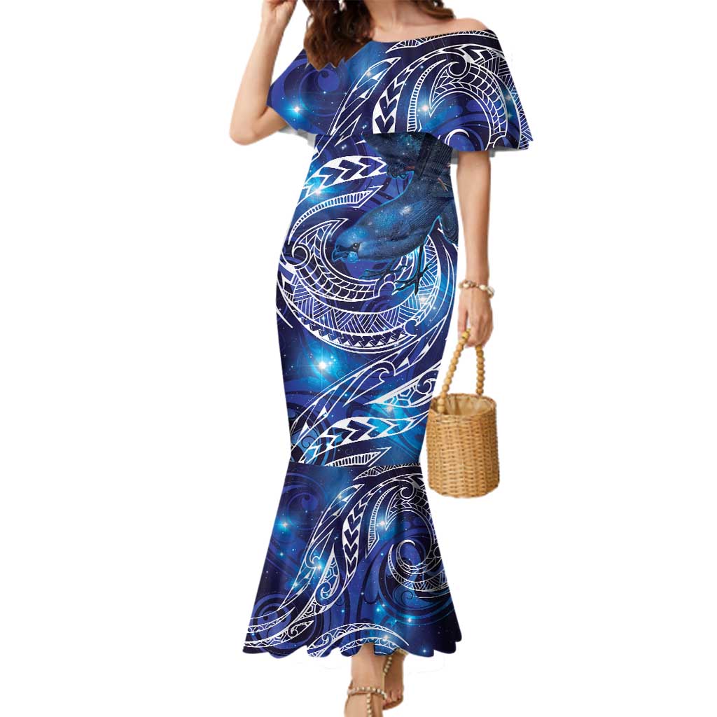 North Island Kokako and South Island Kokako Family Matching Mermaid Dress and Hawaiian Shirt New Zealand Native Bird with Galaxy Vibe LT9 Mom's Dress Galaxy - Polynesian Pride