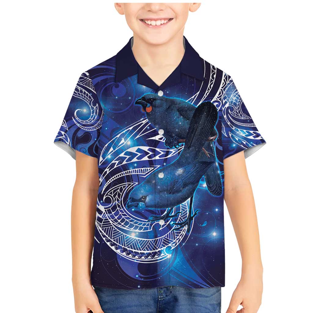 North Island Kokako and South Island Kokako Family Matching Mermaid Dress and Hawaiian Shirt New Zealand Native Bird with Galaxy Vibe LT9 Son's Shirt Galaxy - Polynesian Pride