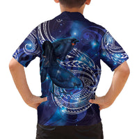 North Island Kokako and South Island Kokako Family Matching Off The Shoulder Long Sleeve Dress and Hawaiian Shirt New Zealand Native Bird with Galaxy Vibe LT9 - Polynesian Pride