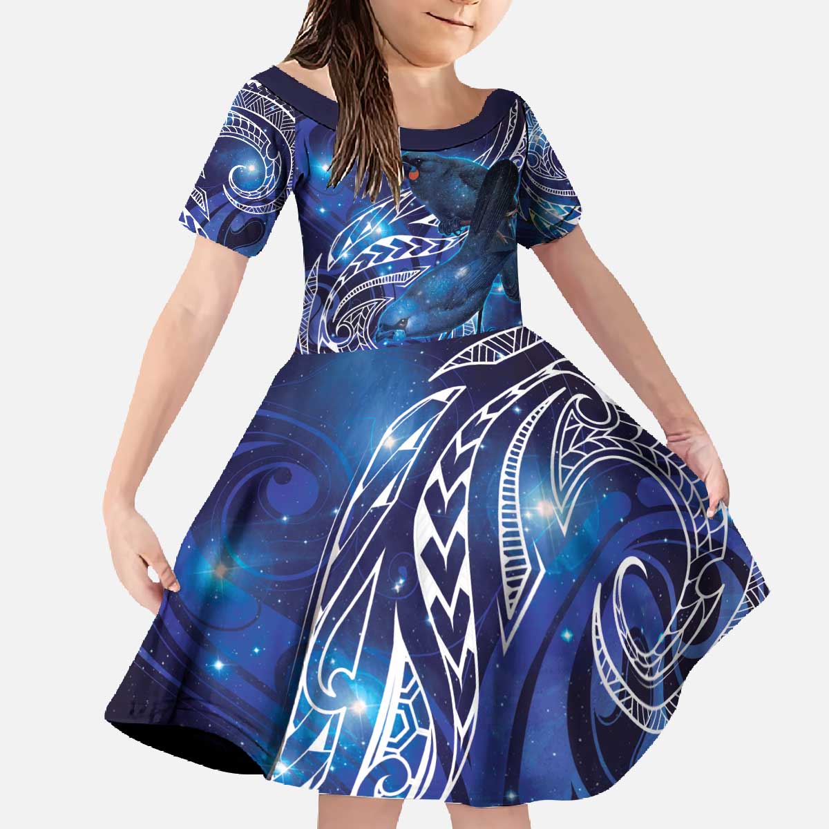 North Island Kokako and South Island Kokako Family Matching Off The Shoulder Long Sleeve Dress and Hawaiian Shirt New Zealand Native Bird with Galaxy Vibe LT9 Daughter's Dress Galaxy - Polynesian Pride
