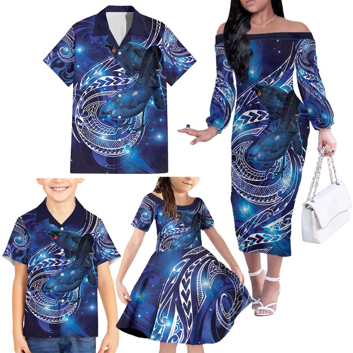 North Island Kokako and South Island Kokako Family Matching Off The Shoulder Long Sleeve Dress and Hawaiian Shirt New Zealand Native Bird with Galaxy Vibe LT9 - Polynesian Pride