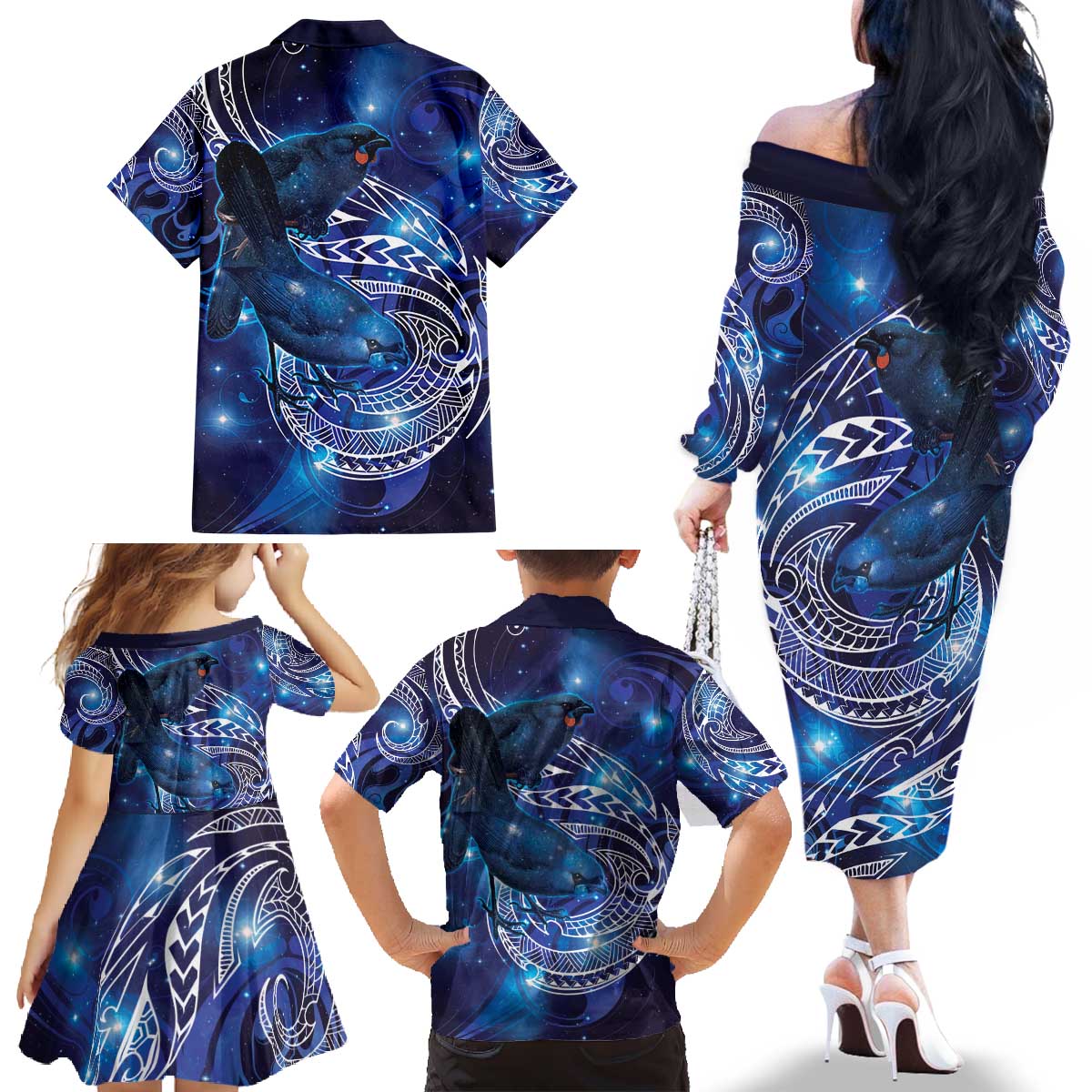 North Island Kokako and South Island Kokako Family Matching Off The Shoulder Long Sleeve Dress and Hawaiian Shirt New Zealand Native Bird with Galaxy Vibe LT9 - Polynesian Pride
