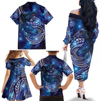 North Island Kokako and South Island Kokako Family Matching Off The Shoulder Long Sleeve Dress and Hawaiian Shirt New Zealand Native Bird with Galaxy Vibe LT9 - Polynesian Pride