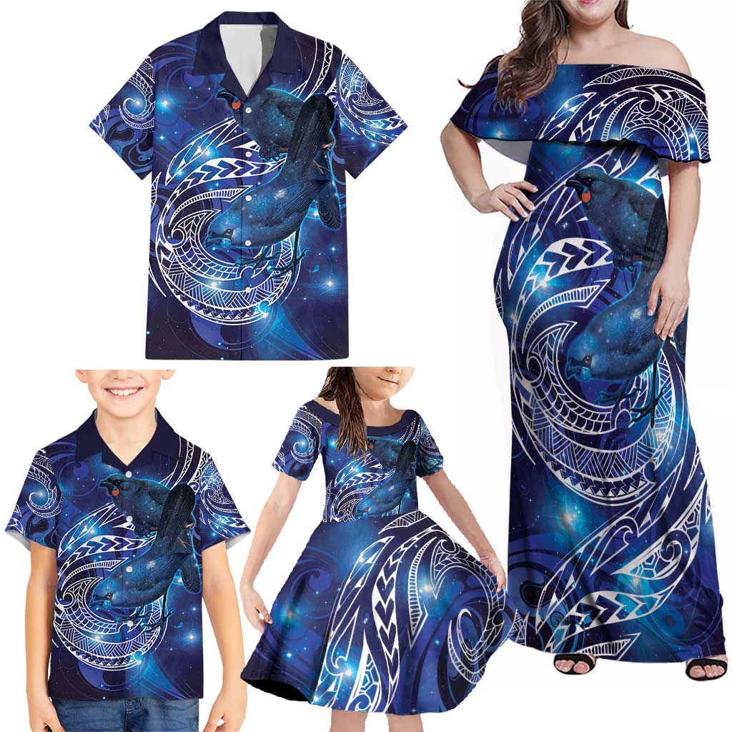 North Island Kokako and South Island Kokako Family Matching Off Shoulder Maxi Dress and Hawaiian Shirt New Zealand Native Bird with Galaxy Vibe LT9 - Polynesian Pride