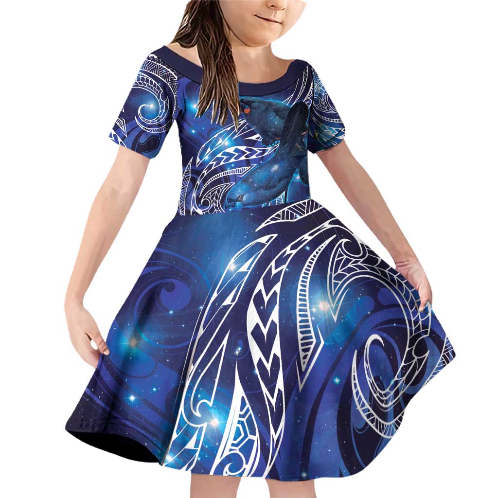 North Island Kokako and South Island Kokako Family Matching Off Shoulder Short Dress and Hawaiian Shirt New Zealand Native Bird with Galaxy Vibe LT9 Daughter's Dress Galaxy - Polynesian Pride