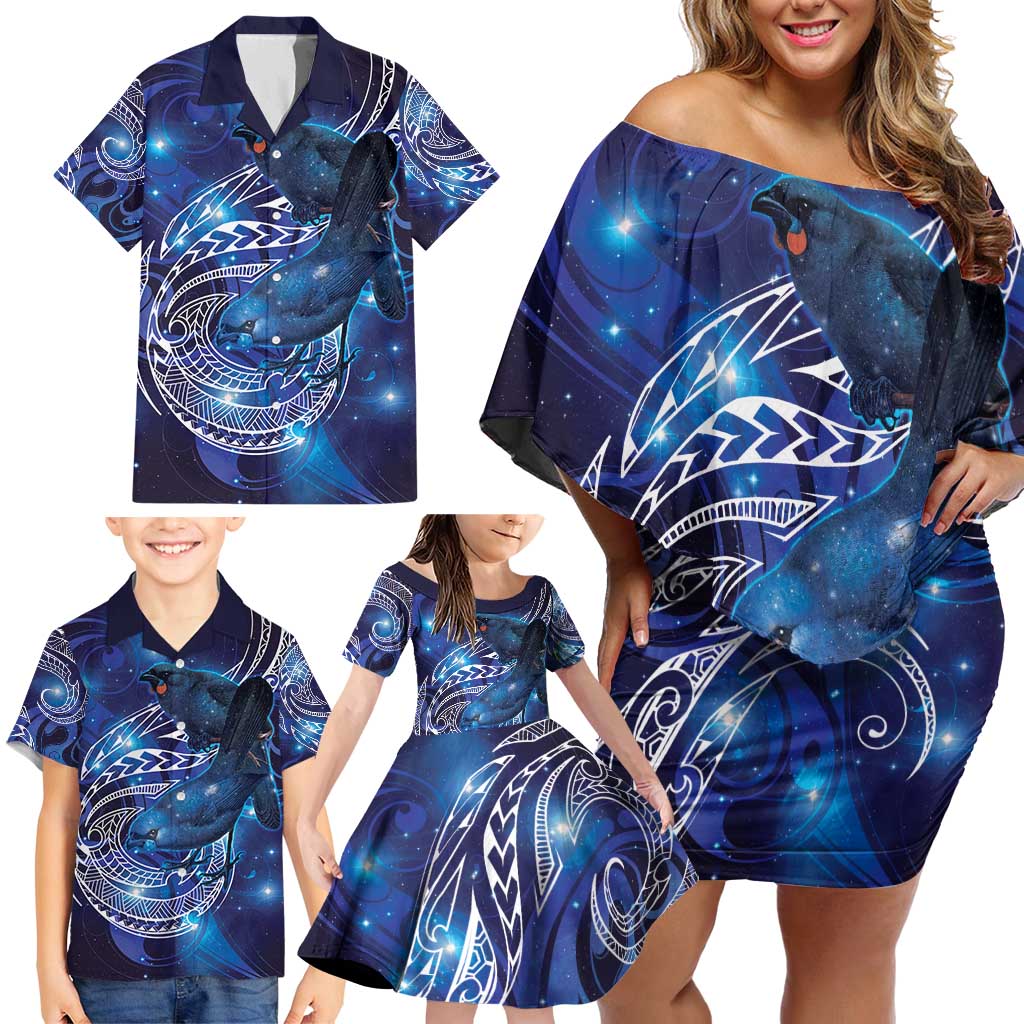 North Island Kokako and South Island Kokako Family Matching Off Shoulder Short Dress and Hawaiian Shirt New Zealand Native Bird with Galaxy Vibe LT9 - Polynesian Pride