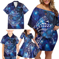 North Island Kokako and South Island Kokako Family Matching Off Shoulder Short Dress and Hawaiian Shirt New Zealand Native Bird with Galaxy Vibe LT9 - Polynesian Pride