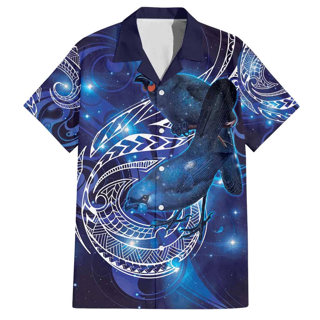 North Island Kokako and South Island Kokako Family Matching Off Shoulder Short Dress and Hawaiian Shirt New Zealand Native Bird with Galaxy Vibe LT9 Dad's Shirt - Short Sleeve Galaxy - Polynesian Pride