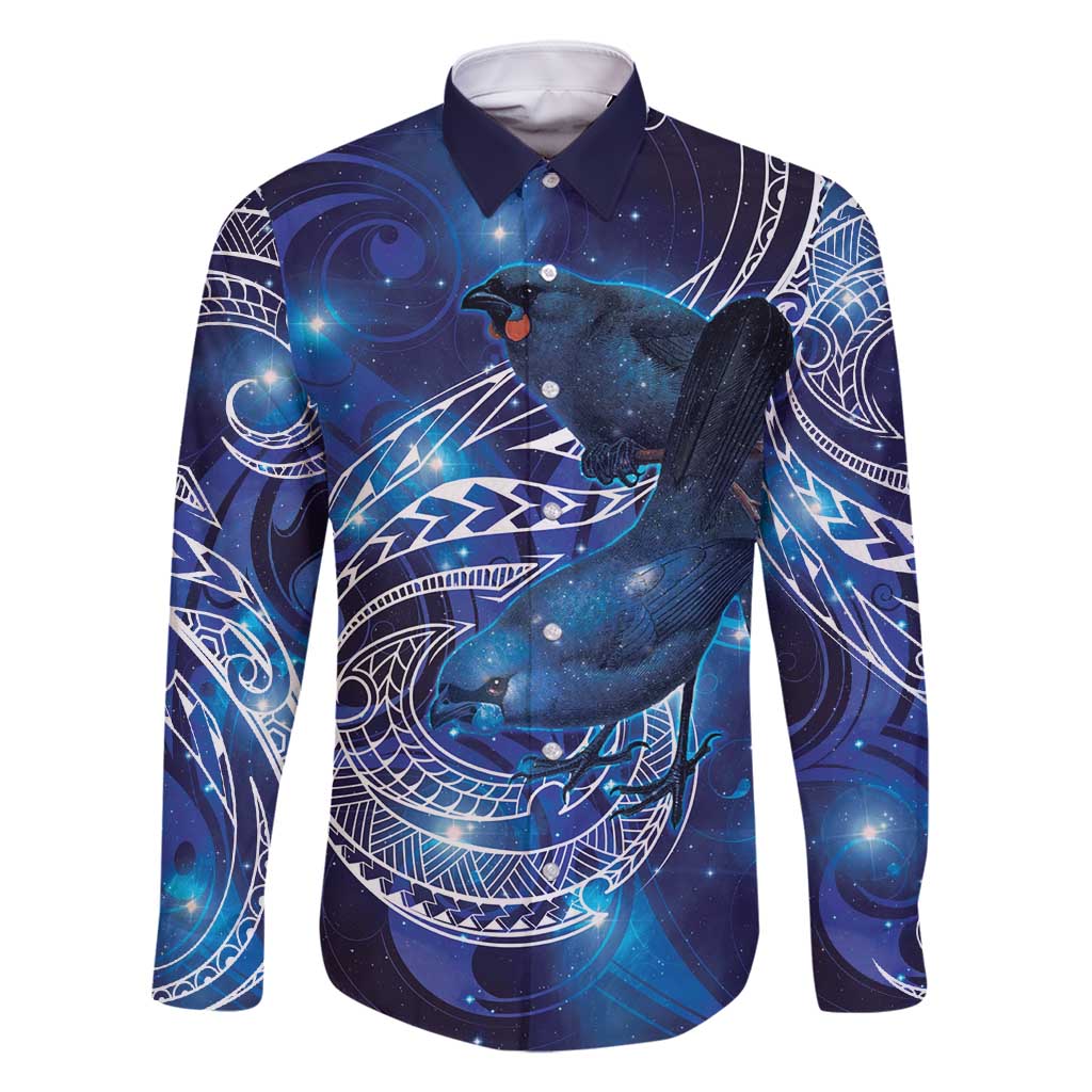North Island Kokako and South Island Kokako Family Matching Off Shoulder Short Dress and Hawaiian Shirt New Zealand Native Bird with Galaxy Vibe LT9 Dad's Shirt - Long Sleeve Galaxy - Polynesian Pride