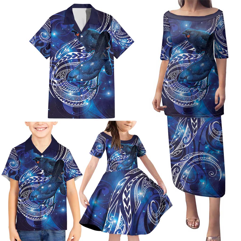 North Island Kokako and South Island Kokako Family Matching Puletasi and Hawaiian Shirt New Zealand Native Bird with Galaxy Vibe LT9 - Polynesian Pride