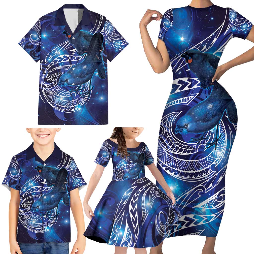 North Island Kokako and South Island Kokako Family Matching Short Sleeve Bodycon Dress and Hawaiian Shirt New Zealand Native Bird with Galaxy Vibe LT9 - Polynesian Pride