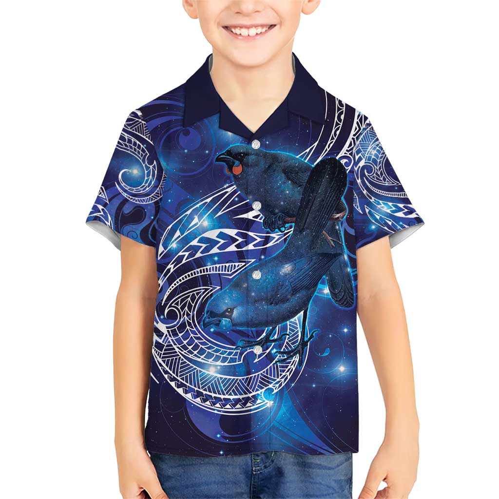 North Island Kokako and South Island Kokako Family Matching Short Sleeve Bodycon Dress and Hawaiian Shirt New Zealand Native Bird with Galaxy Vibe LT9 Son's Shirt Galaxy - Polynesian Pride